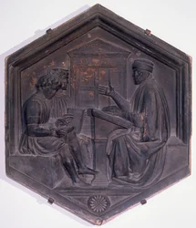 Grammatica, zeshoekige decoratieve tegel uit een serie die de Zeven Vrije Kunsten uitbeeldt, mogelijk gebaseerd op ontwerpen van Giotto, c.1334-48